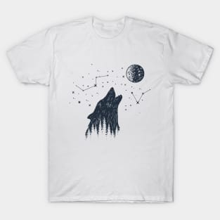 Inspirational Illustration With Wolf, Moon, Stars And Forest In Double Exposure Style T-Shirt